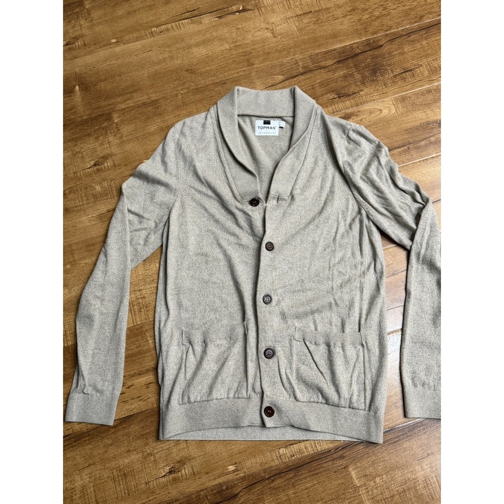 Topman Cardigan Sweater Mens Medium Beige Cotton Knit Shawl Collar